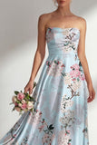 Vestido largo largo de dama de honor azul azul A-Line estampado y estampado