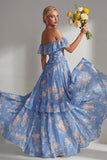 Vestido largo de dama de honor largo de gasa con volantes en línea A-line rosa amarillo rosado