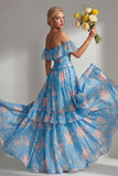 Vestido largo de dama de honor largo de gasa con volantes en línea A-line rosa amarillo rosado