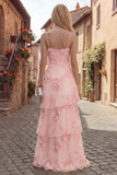 Vestido de graduación largo en niveles de tirantes en línea A amarillo con bordados florales