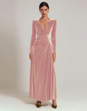 Vestido formal de terciopelo oliva con cuello en V y mangas largas