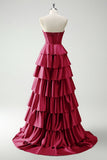 Vestido largo de baile con corsé de cuentas y cuentas de princesa en color burdeos con abertura