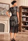 Vestido de Gatsby de la década de 1920 con flecos de escote en V verde oscuro con lentejuelas