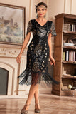 Vestido de Gatsby de la década de 1920 con flecos dorados negros con escote en V y lentejuelas