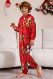 Pijamas familiares a juego con patrón de gato de manga larga roja