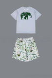 Pijamas familiares de manga corta con estampado floral verde blanco a juego