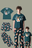 Pijamas familiares de manga corta estampados de perro verde oscuro a juego