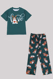 Pijamas familiares de manga corta estampados de perro verde oscuro a juego