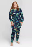 Pijamas de Navidad familiares de manga larga estampados en azul marino y verde