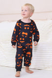 Pijamas de Halloween familiares de manga larga estampados en azul marino