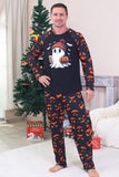 Pijamas de Halloween familiares de manga larga estampados en azul marino