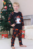Pijamas de Halloween familiares de manga larga estampados en azul marino