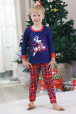 Pijamas familiares a juego de cuadros navideños con estampado azul real