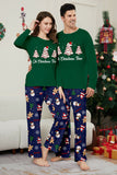Pijamas de Navidad a juego de manga larga con estampado de árbol verde azul