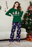 Pijamas de Navidad a juego de manga larga con estampado de árbol verde azul