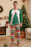 Juegos de pijama familiar de dos piezas con estampado de árbol de Navidad verde y cuello redondo