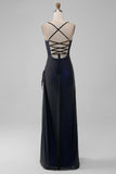 Espalda Sirena Azul Tirantes Espagueti Vestido Largo De Dama De Honor Con Abertura