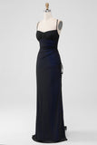 Negro Azul Tirantes Espagueti Sirena Plisado Vestido Largo De Fiesta Con Abertura