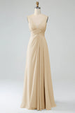 Rosa caramelo A-Line Spaghetti Trapes Plisado Gasa Largo Vestido De Dama De Honor