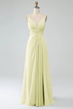 Rosa caramelo A-Line Spaghetti Trapes Plisado Gasa Largo Vestido De Dama De Honor