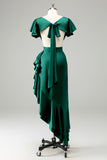 Vestido de invitada de boda de satén con cuello en V verde oscuro con volantes