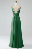 Rosa caramelo A-Line Spaghetti Trapes Plisado Gasa Largo Vestido De Dama De Honor