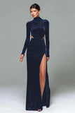 Vestido de fiesta de terciopelo negro de cuello alto con mangas largas y abertura