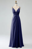 Rosa caramelo A-Line Spaghetti Trapes Plisado Gasa Largo Vestido De Dama De Honor