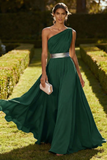 Vestido Maxi de Achiffon de Línea Oliva de un solo hombro