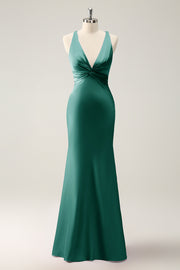 Vestido largo de dama de honor de satén con cuello en V de sirena Verde Oscuro