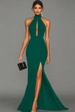 Vestido elegante negro de satén con cuello halter y corte sirena