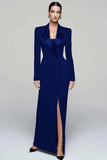Vestido Blazer de Doble Botonadura con Solapa de Pico Negro para Mujer con Abertura
