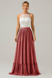 Vestido de dama de honor largo de gasa boho ojo de cerradura de champán con encaje