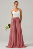 Vestido de dama de honor largo de gasa boho con espalda abierta de champán con encaje
