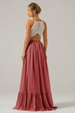 Vestido de dama de honor largo de gasa boho ojo de cerradura de champán con encaje