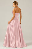Azul polvoriento A Line Cuello De Capucha Satén Vestido Largo De Dama De Honor Con Plisado