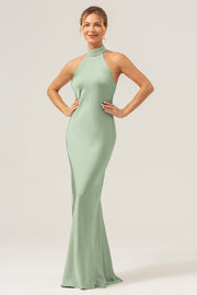 Vaina Salvia Polvorienta halter vestido largo de dama de honor con abertura