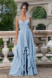 Vestido largo de dama de honor con tirantes de espagueti de línea Matcha A con volantes