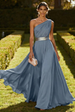 Vestido Maxi de Achiffon de Línea Oliva de un solo hombro