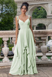 Vestido largo de dama de honor con tirantes de espagueti de línea Matcha A con volantes