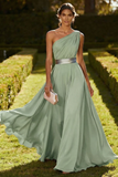 Vestido Maxi de Achiffon de Línea Oliva de un solo hombro