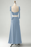 Azul polvoriento A Line Spaghetti Straps Vestido de invitada de boda hasta el suelo con abertura
