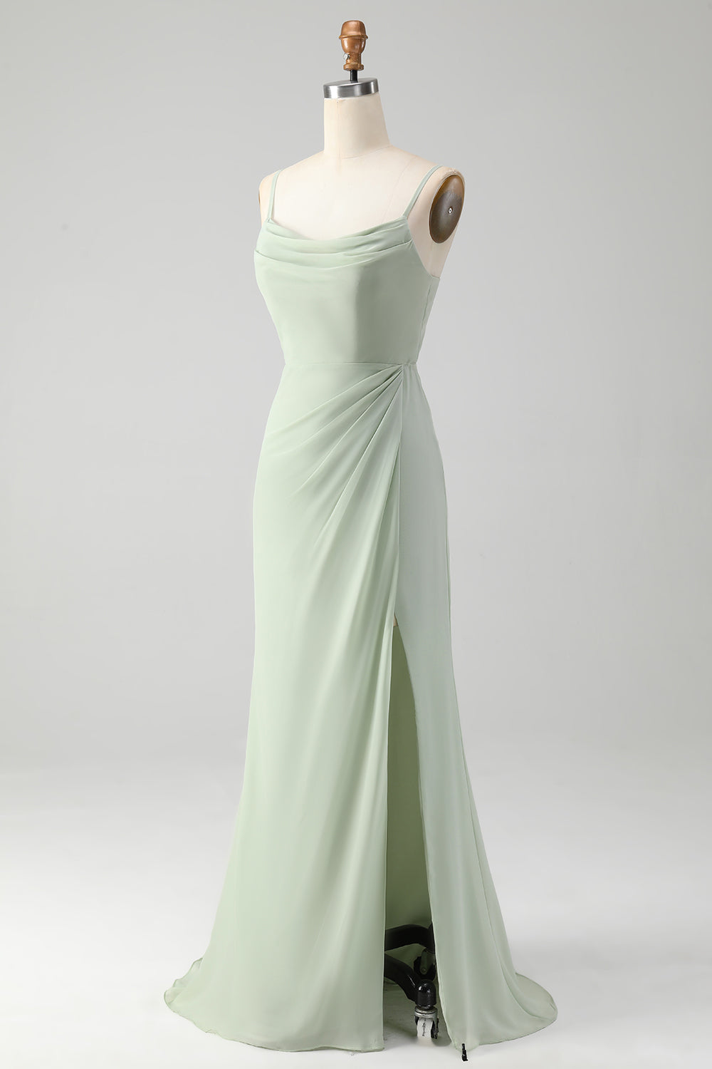 Matcha A Line Spaghetti Straps  Gasa Vestido Largo De Dama De Honor Con Cordones En La Espalda