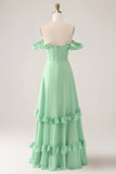 Verde Una línea fuera del hombro Corsé Vestido de dama de honor con volantes