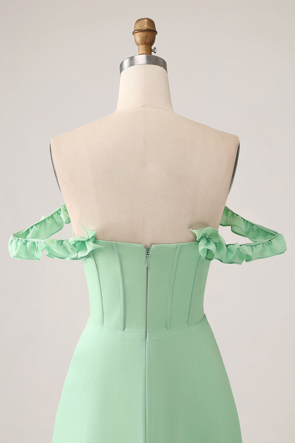 Verde Una línea fuera del hombro Corsé Vestido de dama de honor con volantes