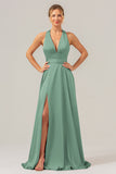 Vestido de dama de honor largo de satén sin espalda con escote en V Salvia Polvorienta A Line con abertura