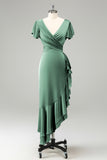 Vestido de invitada de boda de satén con cuello en V verde oscuro con volantes