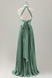 Vestido de dama de honor largo halter azul grisáceo con abertura