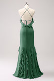 Vestido largo de dama de honor de gasa con volantes halter de sirena de Salvia polvorienta