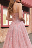 Vestido de baile de sirena con tirantes finos brillantes y rosa rosa con capa
